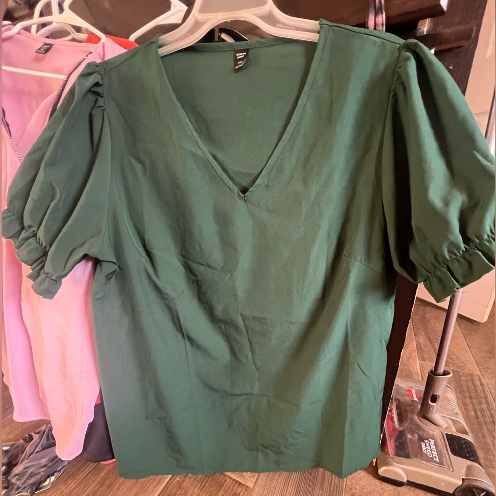 SHEIN Deep Green Puff Sleeve Blouse